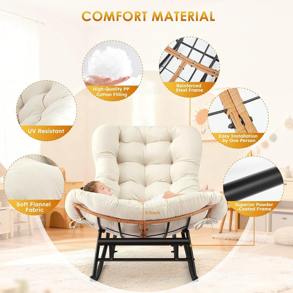 Takywep Rocking Chair - Oversized Outdoor Rocking Chairs with Footrest, Indoor Papasan Rocker Egg Chair for Bedroom, Living Room, Porch, Garden, Lawn (Beige-Flannel)