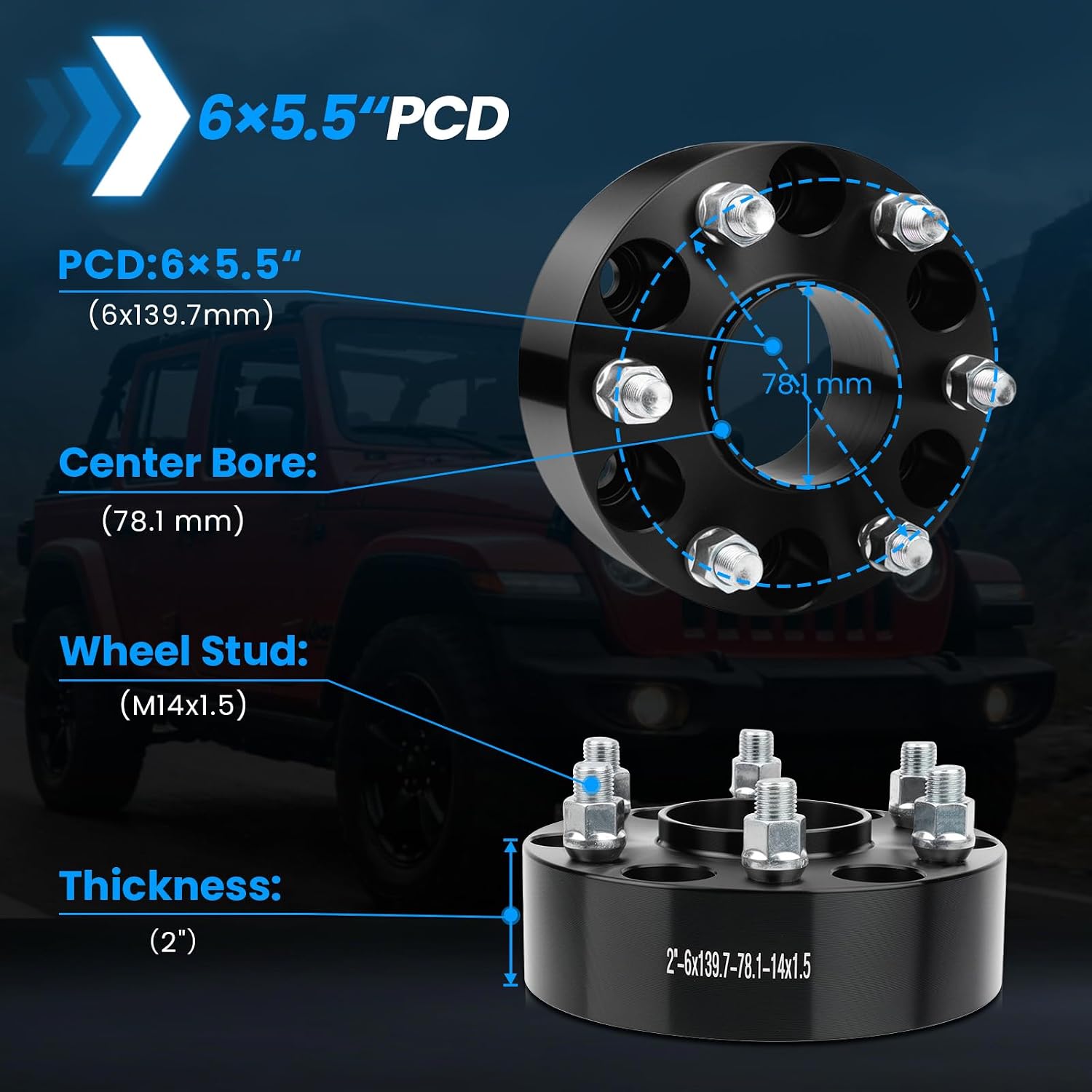 6x5.5 Wheel Spacers Hubcentric Real Forged Spacers Center Bore 78.1mm M14x1.5 Studs for Silverado 1500, 2'(50.8mm) Sierra 1500 Tahoe Yukon Escalade Suburban Yukon XL for 6 lug Set of 4 Black
