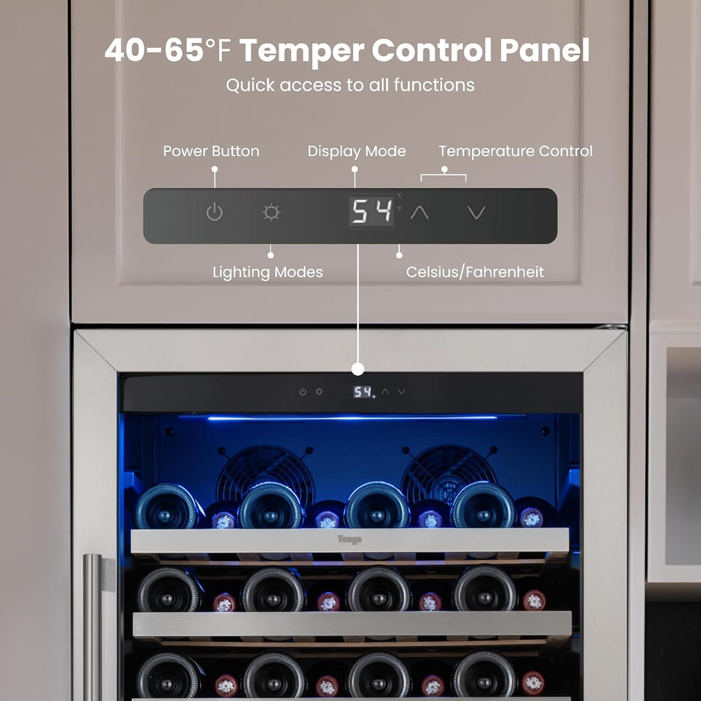 Yeego 24 Inch Wine Fridge – 40°F-65°F Wine Cooler Refrigerator, 304 Stainless Steel Glass Door Lock, Temperature Memory Blue & White LED Built-in Wine Fridge with Adjustable Shelves (89 Bottle)
