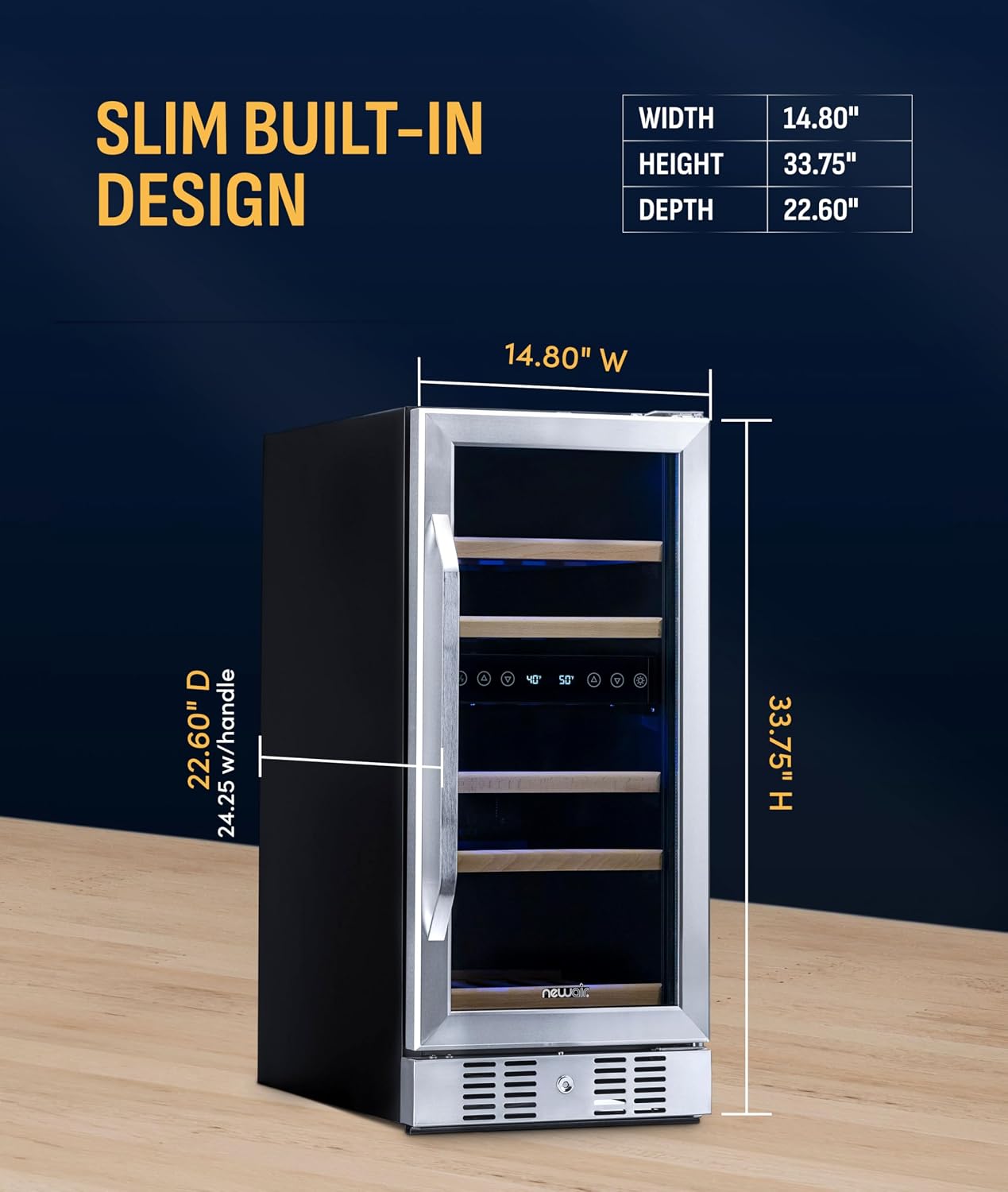 NewAir 15' Dual Zone Wine Fridge for 29 Bottles | Built-In or Freestanding Wine Cooler Refrigerator with Glass Door | Precision Cooling & Wood Shelves for Red and White Wines | Stainless Steel