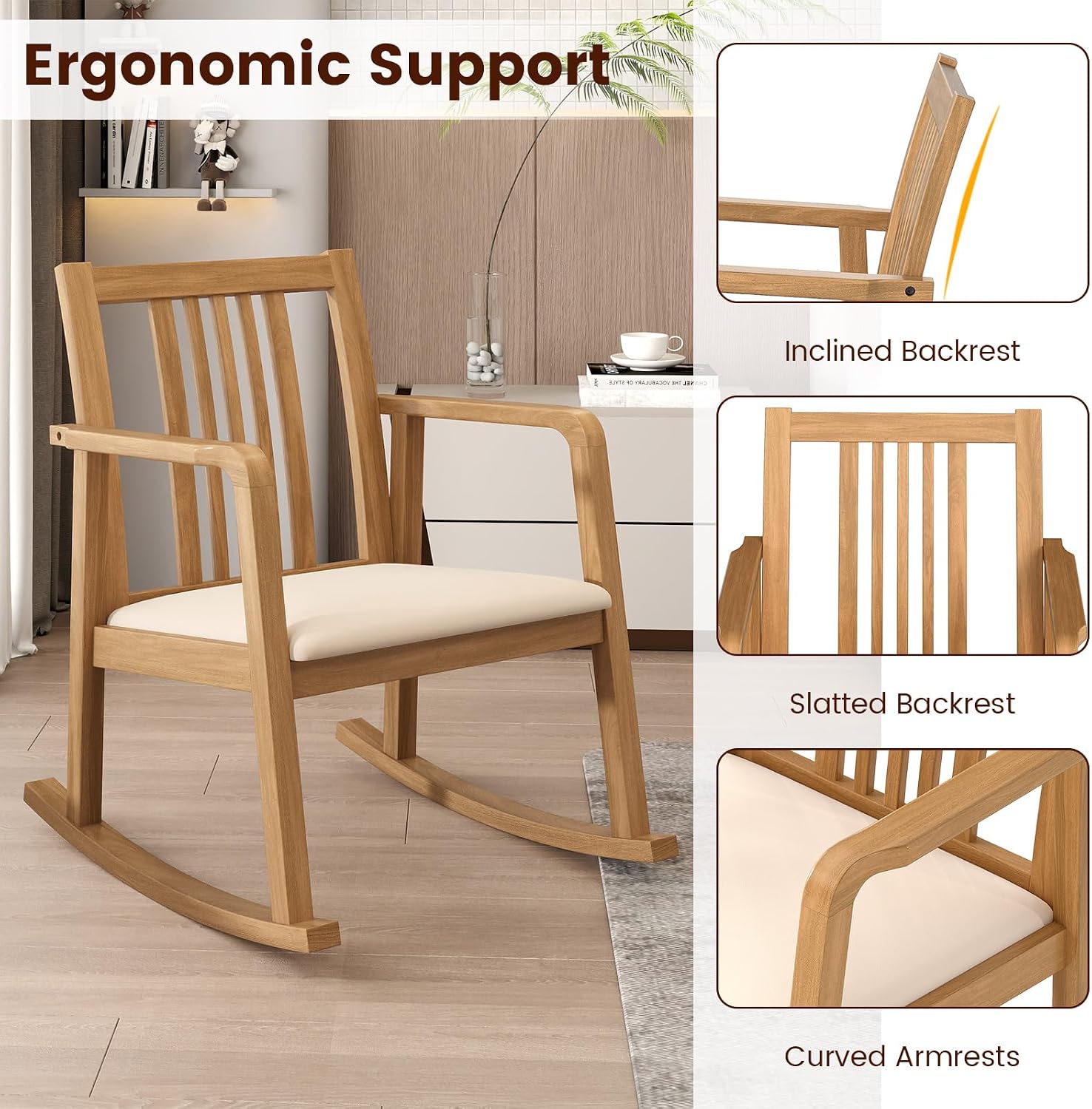 Giantex Rocking Chair with Cushioned Seat, Indoor Solid Rubber Wood Rocker Chair w/Slatted Back & Curved Armrests, Wooden Accent Armchair for Living Room, Bedroom, Study, Porch (2,Natural + Beige)
