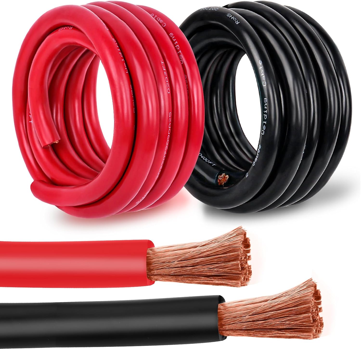 2 Gauge Battery Cable Copper Wire, 25FT Red+25FT Black 2 AWG Welding Cable Standard USA OFC Wire for Automotive, Battery, Solar, Marine and Generator