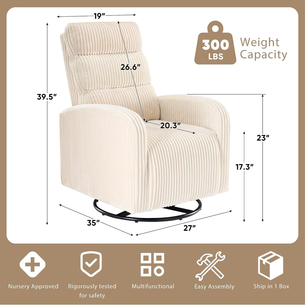 Swivel Rocker Chair, 360°Swivel Rocker Chairs with High Back Arms, Rocking Lazy Boy Chairs, Upholstered Swivels Corduroy Glider for Living Room, Bedroom, Nursing, Beige