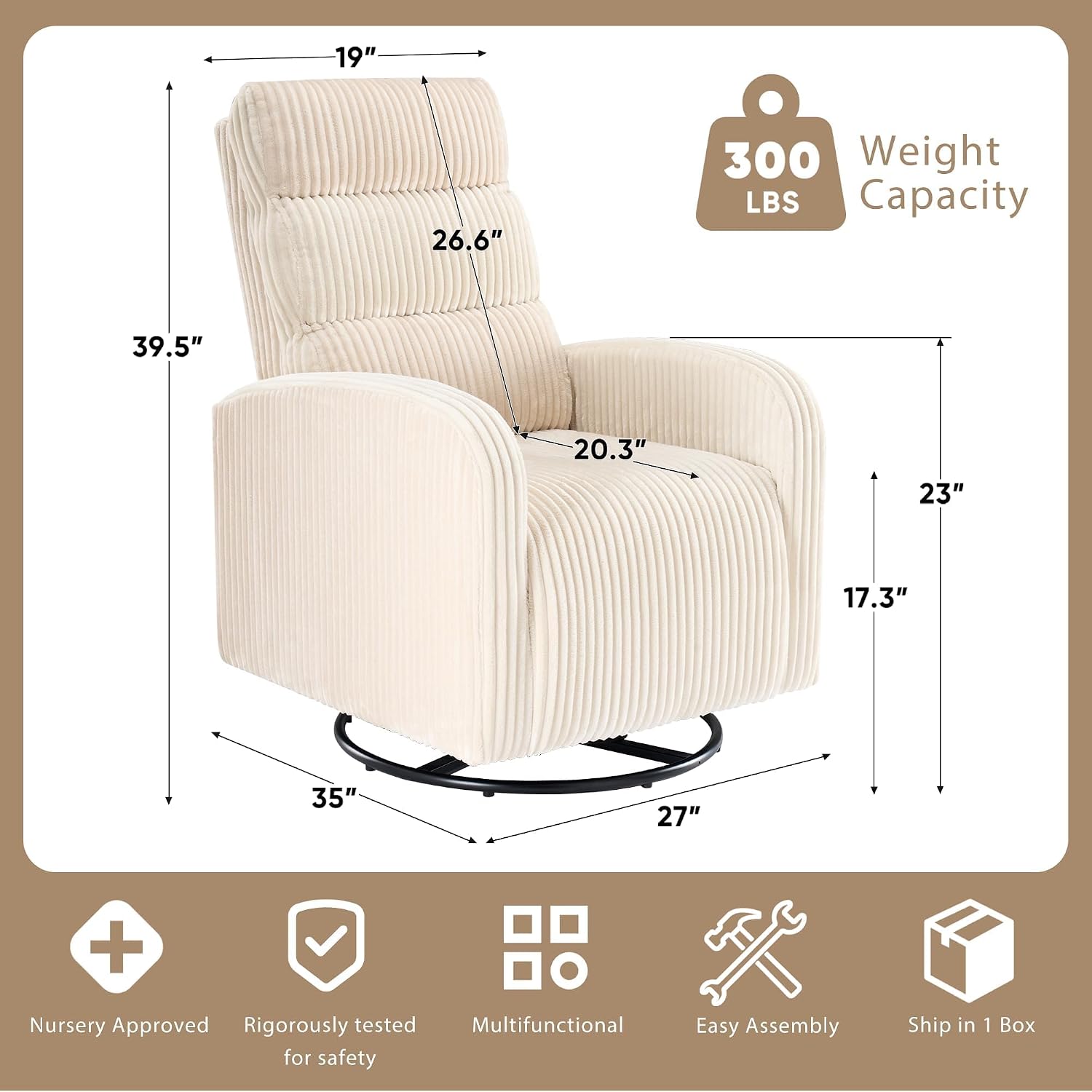 Swivel Rocker Chair, 360°Swivel Rocker Chairs with High Back Arms, Rocking Lazy Boy Chairs, Upholstered Swivels Corduroy Glider for Living Room, Bedroom, Nursing, Beige