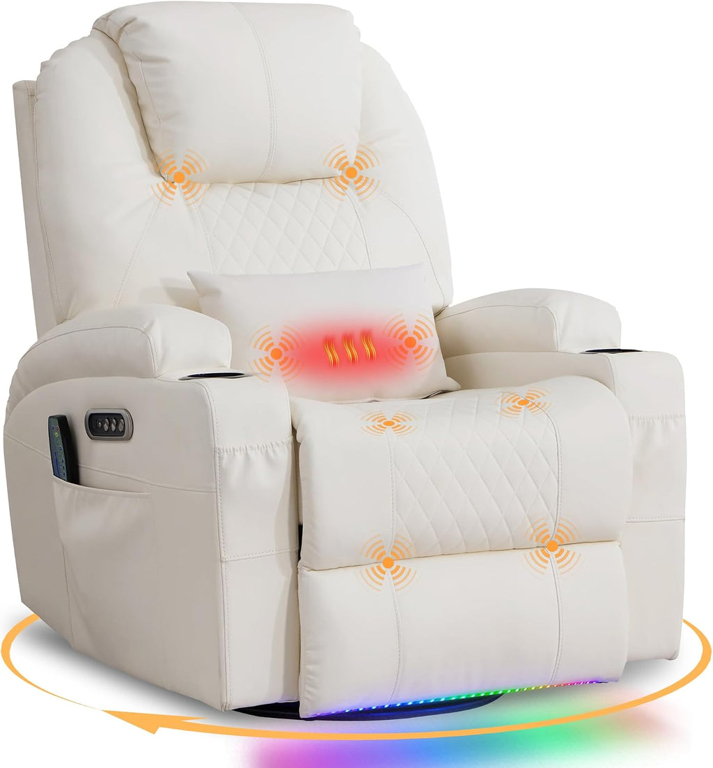 AHMED Rocking Recliner Nursery Chair, Dual Motor Power Swivel Glider Recliner with Heat & Massage, Nursery Recliner Chair with USB A/C Ports, Cup Holders & LED Light for Living Room & Bedroom, Beige