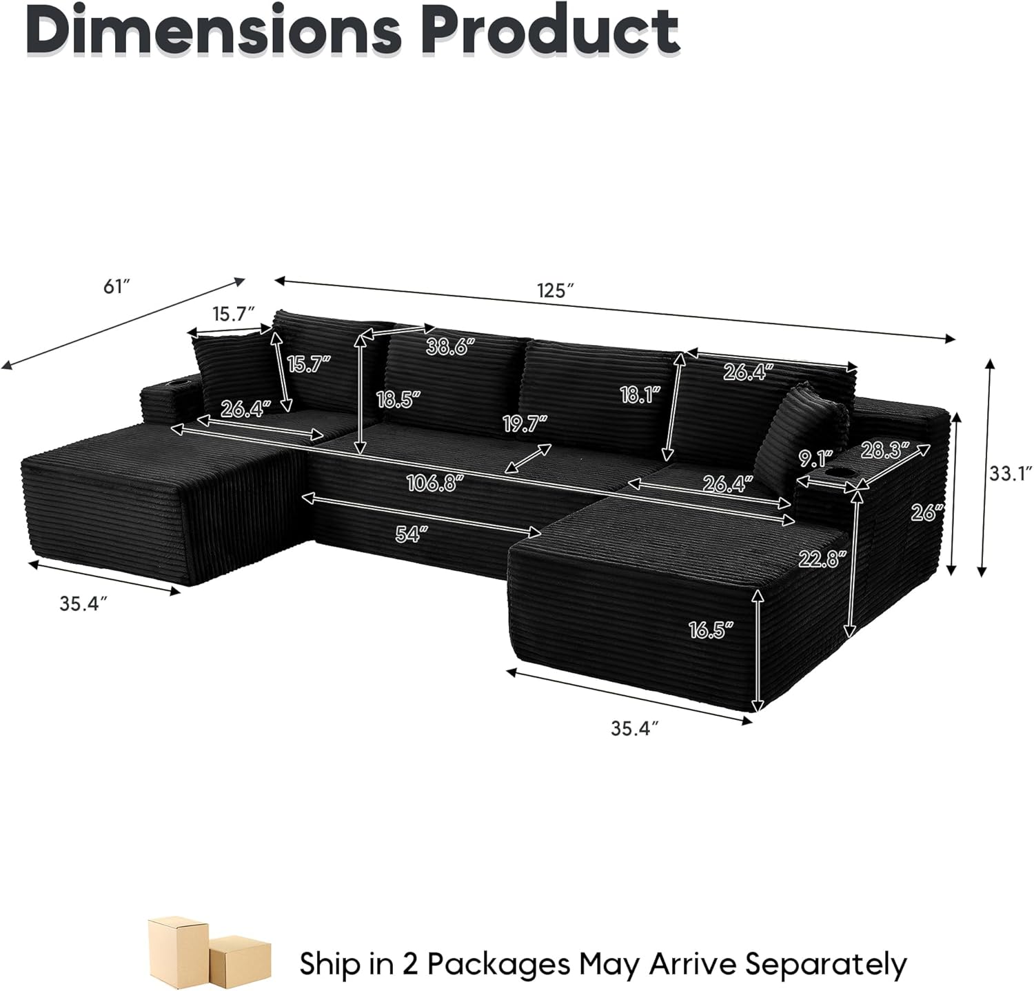 125' Oversized Cloud Boneless Couch with Chaise, Modern Modular Sofa with Deep Seat, Corduroy Upholstered U Shaped Couch for Living Room, No Assembly Required (Black)