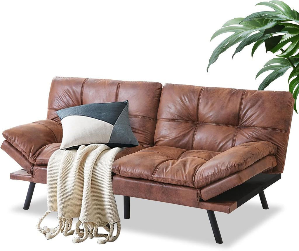 MUUEGM Futon Convertible Sofa Bed, Memory Foam Sleeper Couch,Modern Loveseat for Living Room,Adjustable Armrests Backrest Sofabed, Brown,Faux Leather.