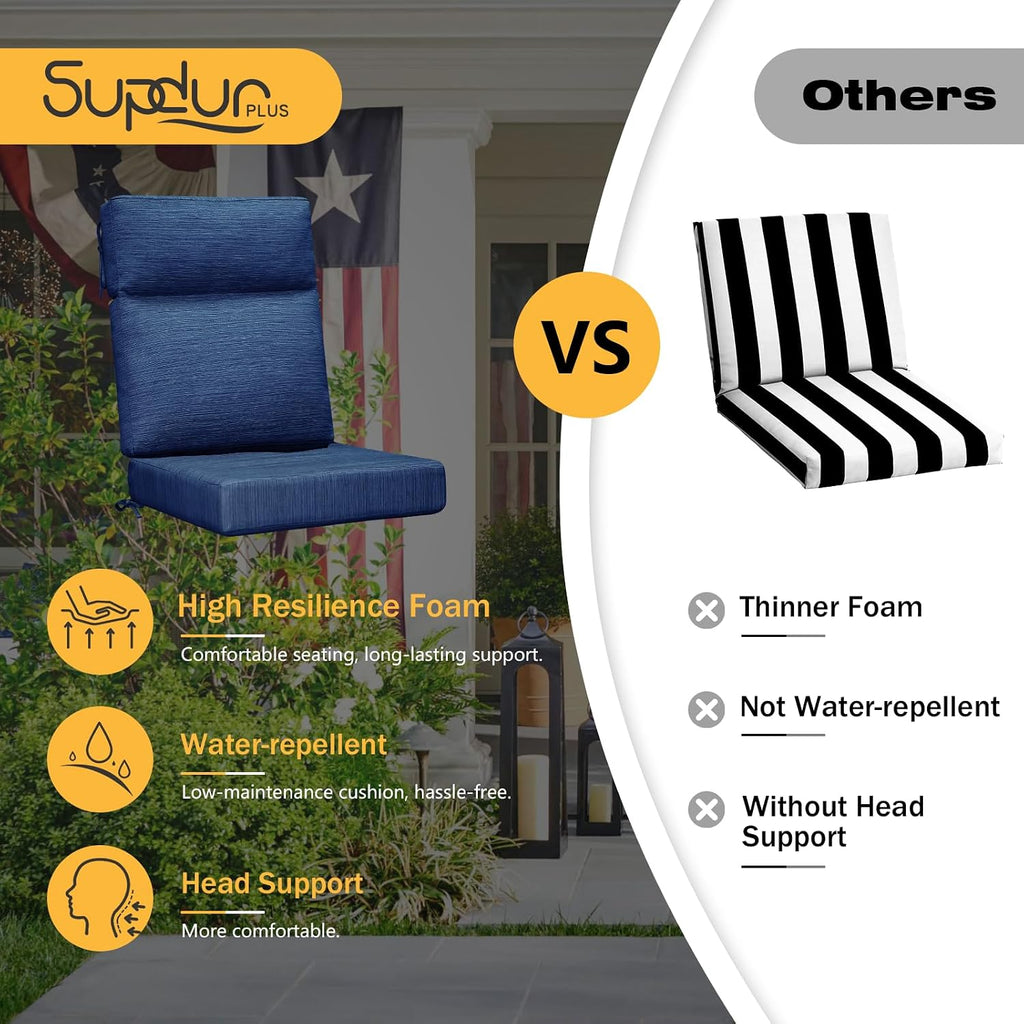Outdoor High Back Chair Cushion, 2 Pack 44x21 inches Patio Chair Cushions Water Repellent Rocking Cushions Indoor Furniture Seat Pad, Navy