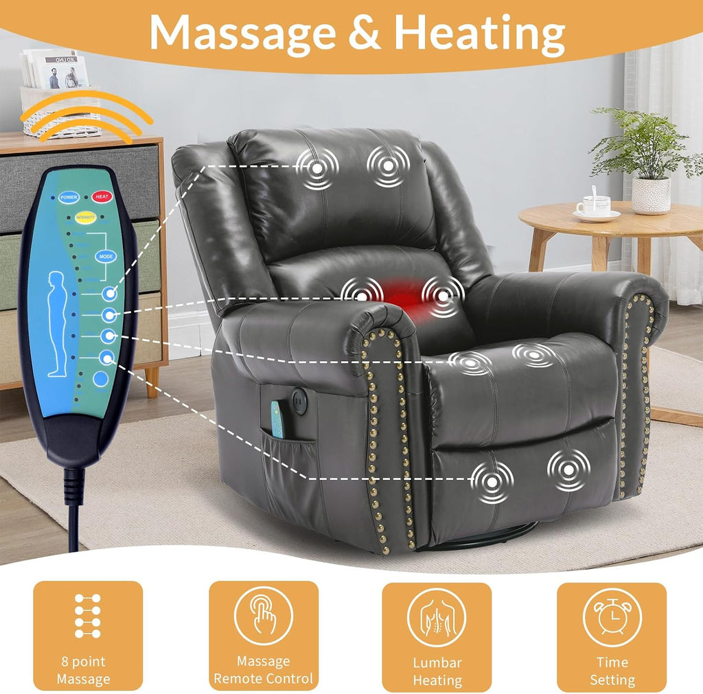 Manual Massage Recliner with Heating Function, 360° Swivel Glider Rocking Recliner Chair for Living Room, Ergonomic Single Sofa Chair with Remote Control/USB Ports/Side Pockets(Gray)