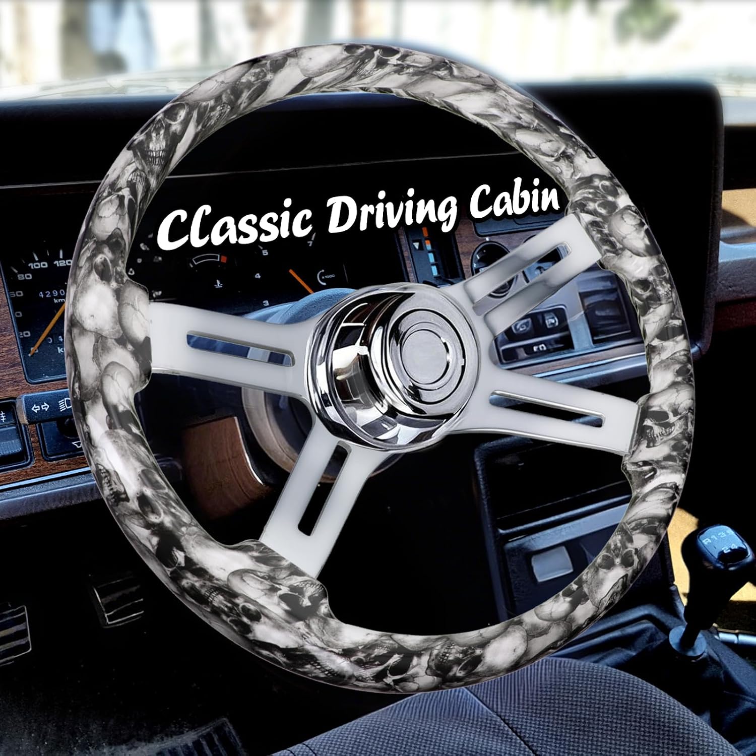 Sorghum 18' Solid Wood Steering Wheel - Hydrographic White Skulls 4 Spokes Aluminum Chrome Steering Wheel with Horn Button for Trucks Compatible with Mack Kenworth Peterbilt Volvo Freightliner