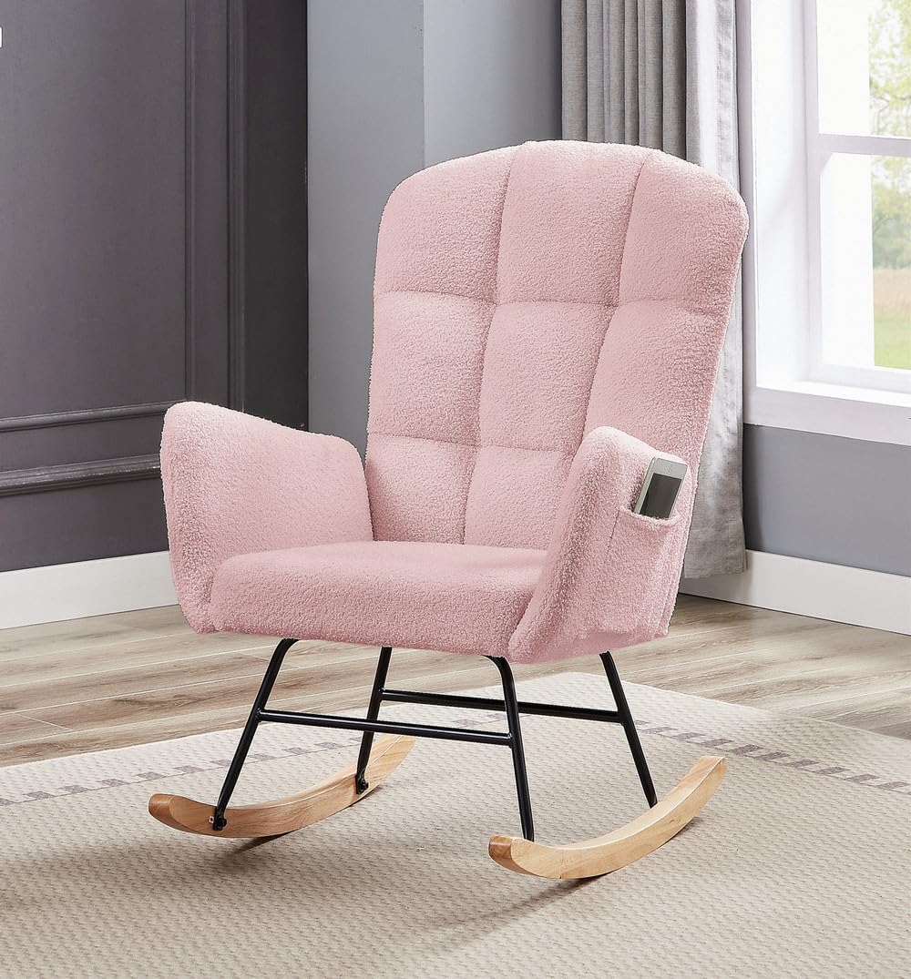 hansones Nursery Rocking Chair,Upholstered Glider Chair with High Backrest Armchair Chair for Living Room Bedroom Offices (Pink Teddy)