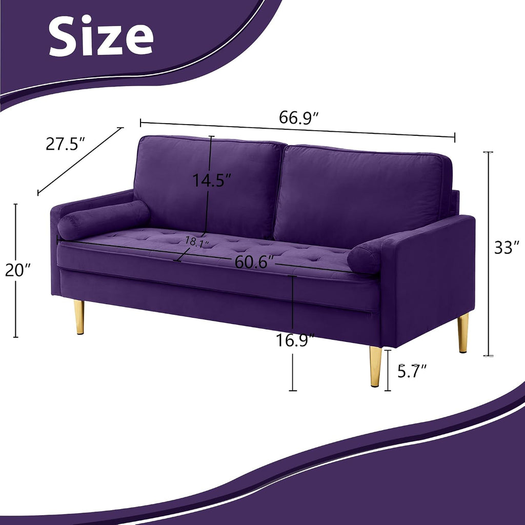 67in Modern Velvet Loveseat Sofa Couch, Mid-Century Tufted Upholstered Small Love Seat Couch with 2 Pillows & 4 Golden Legs, 2-Seats Couches for Compact Space, Living Room, Apartment (Purple)