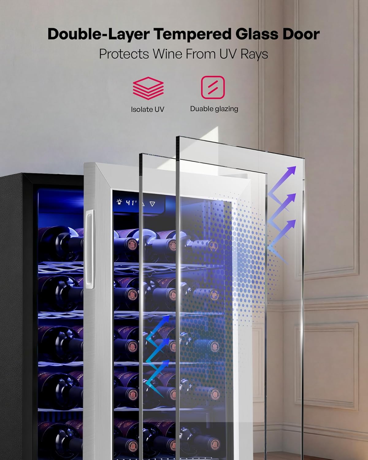 Icyglee 25 Bottle Compressor Wine Cooler Refrigerator, Freestanding Wine Cellar, 41-64°F Adjustable Temperature, Double-layer Glass Door, for Home Bar, Red and White Wine, Silver
