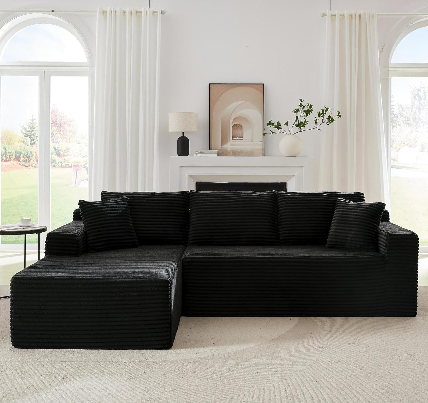 Cloud Couch Sectional, L Shaped Boneless Couch Sectional Couches for Living Room, Modern Comfy Corduroy Fluffy Modular Sofa with Deep Seat, No Assembly (Black, Left Facing Chaise)