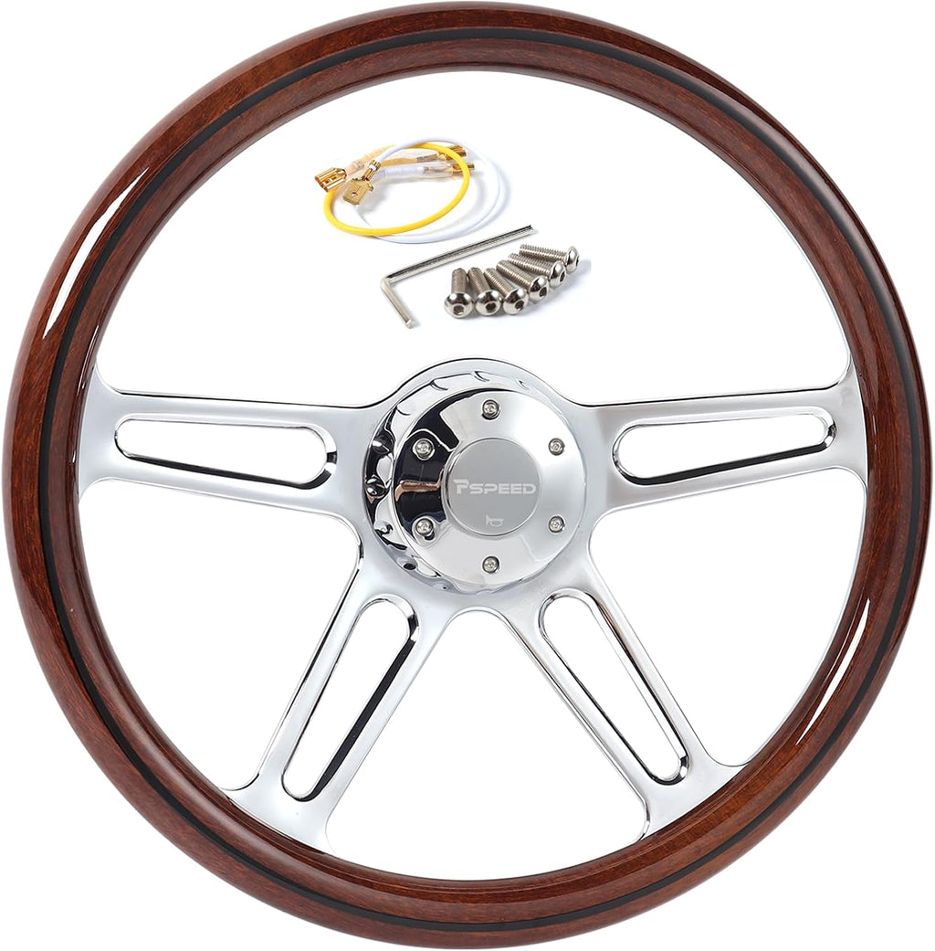 18 in Solid Wood lacquering Truck Steering Wheel,4 Spokes 5-Bolt Chrome Aluminum Classic Wood Grain Steering Wheel 5 Bolt fit For Kenworth,for Peterbilt,for Volvo,for Freightliner