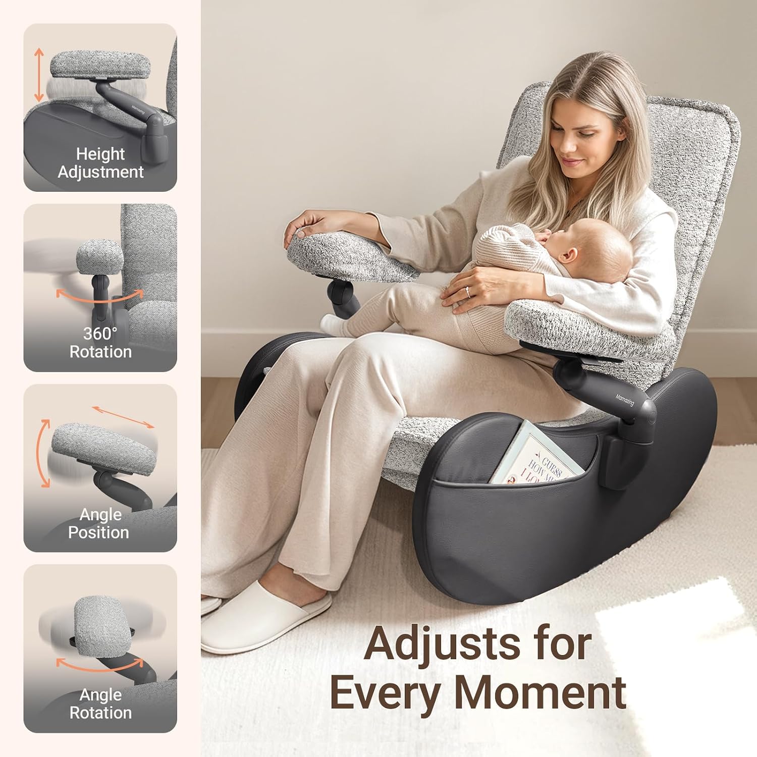 MAMAZING Lullabud Nursery Rocking Chair Glider with Ottoman for Breastfeeding, Upholstered Nursing Chair with Removable Cover for Mom and Baby, Reading Chair for Bedroom, Living Room(Black/Grey)