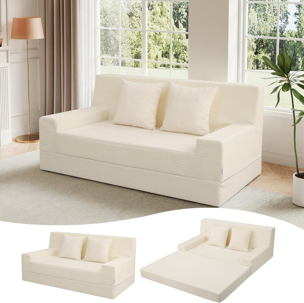 MeMoreCool Boneless Folding Queen Sofa Bed – Corduroy Convertible Futon Sleeper Couch with Foam Core & Pillow, Washable Cover, Space-Saving Floor Sofa for Living Room, Guest Bedroom, Apartment