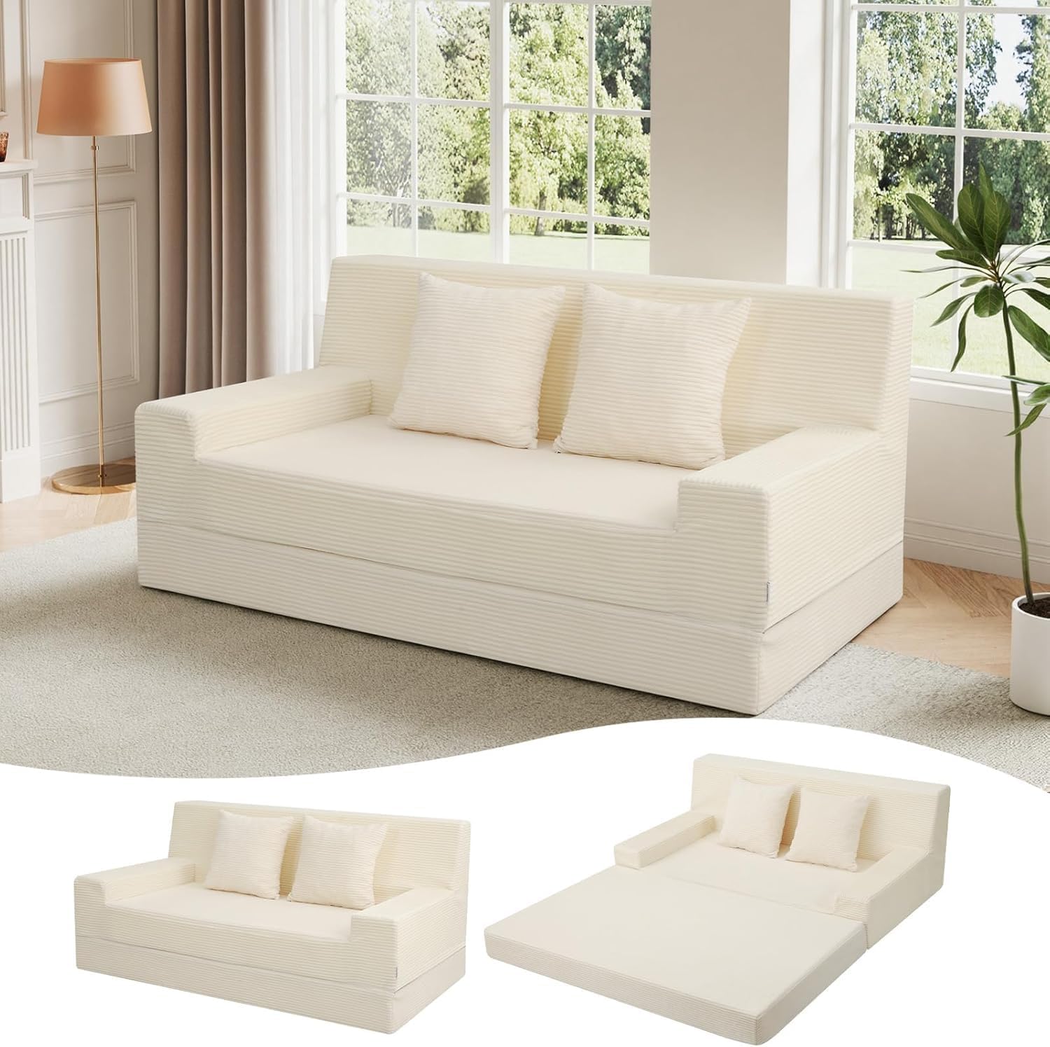 MeMoreCool Boneless Folding Queen Sofa Bed – Corduroy Convertible Futon Sleeper Couch with Foam Core & Pillow, Washable Cover, Space-Saving Floor Sofa for Living Room, Guest Bedroom, Apartment