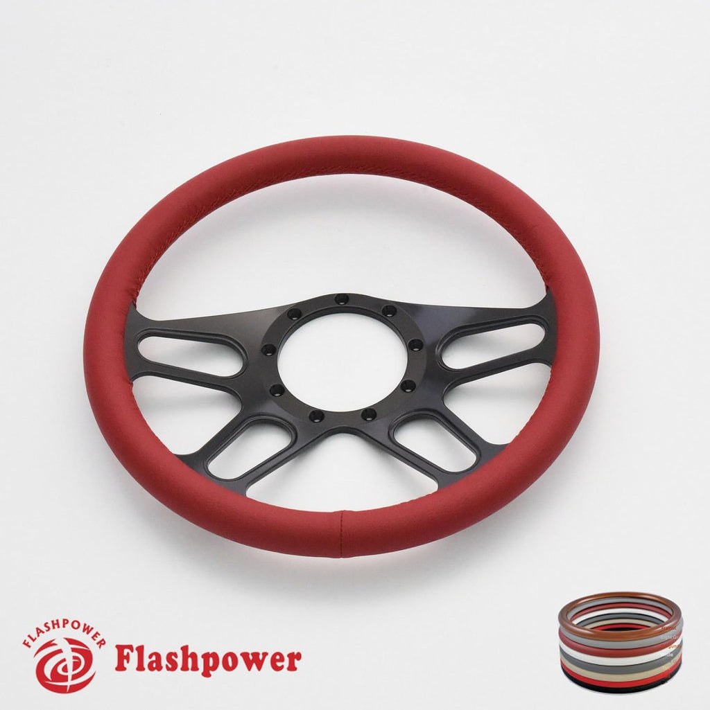 14'' Billet Full Wrap 9 Bolts Steering Wheel with 2'' Dish and Horn Button (Red)