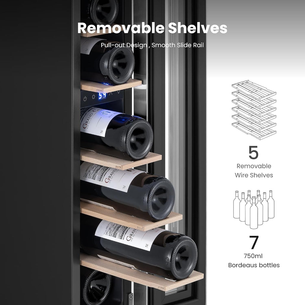 Yeego Wine Fridge Cooler - 7 Bottles Wine Cooler, 40-65°F Wine Refrigerator with Glass Door, Built-in or Freestanding Cooler with Adjustable Shelves Fridge for Home Bar Office