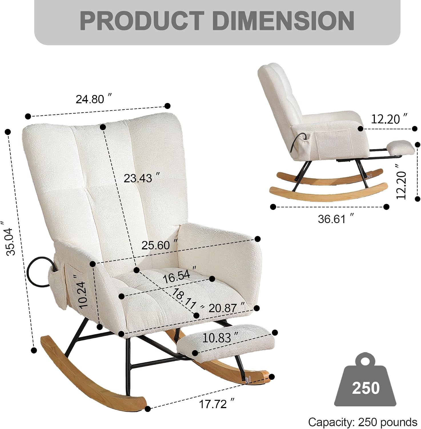 Rocking Chair Nursery with Airbag, Comfy Modern Nursery Rocking Reading Chair Indoor with Footrest, Cozy Upholstered Glider Rocker Chairs for Living Room Bedroom Offices(Chenille, White)