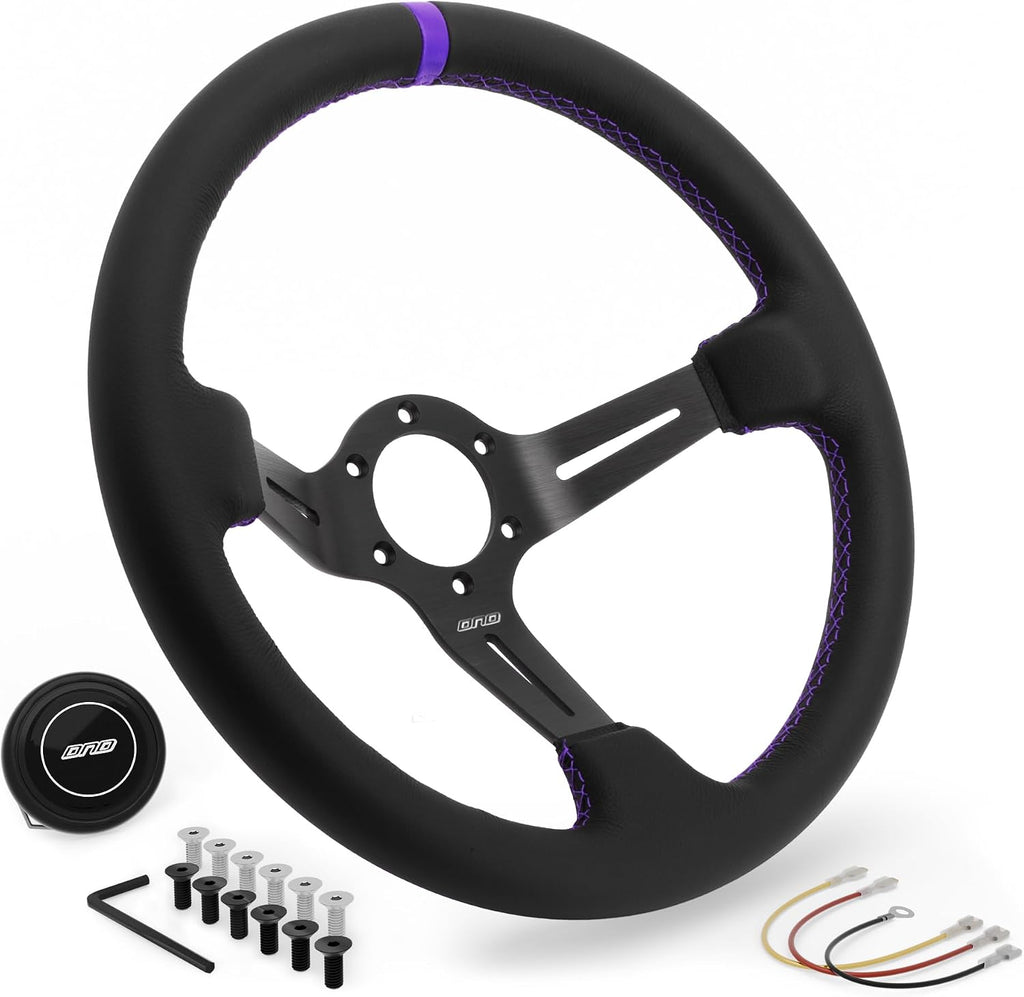 DND Performance Interior's Leather Race Steering Wheel / 350mm Diameter and 75mm Depth / 6x70mm Bolt Pattern/DND Leather Steering Wheel with Horn Button Included (Colored Stitching) (Purple)