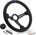 DND Performance Interior's Leather Race Steering Wheel / 350mm Diameter and 75mm Depth / 6x70mm Bolt Pattern/DND Leather Steering Wheel with Horn Button Included (Colored Stitching) (Purple)