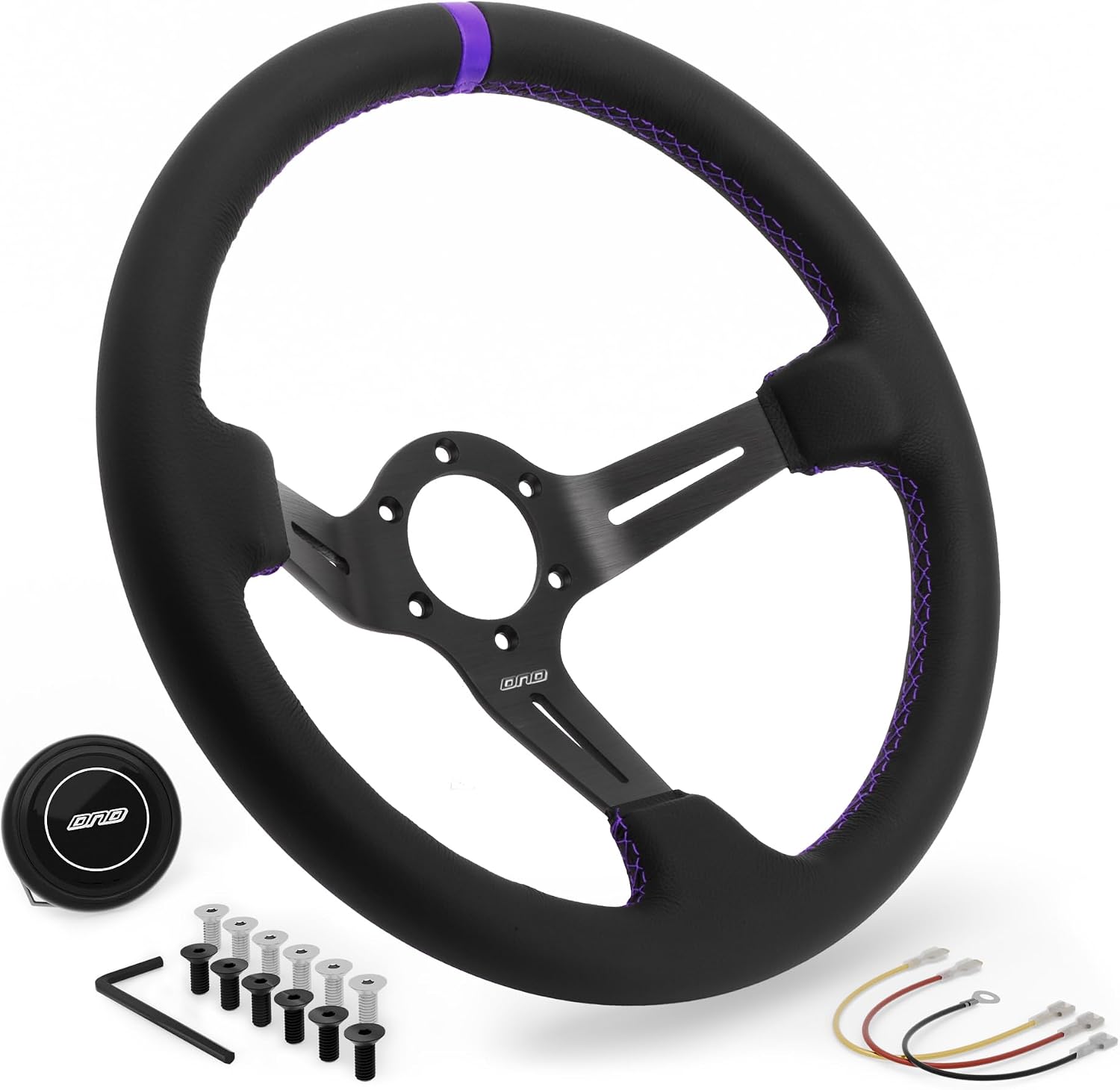 DND Performance Interior's Leather Race Steering Wheel / 350mm Diameter and 75mm Depth / 6x70mm Bolt Pattern/DND Leather Steering Wheel with Horn Button Included (Colored Stitching) (Purple)