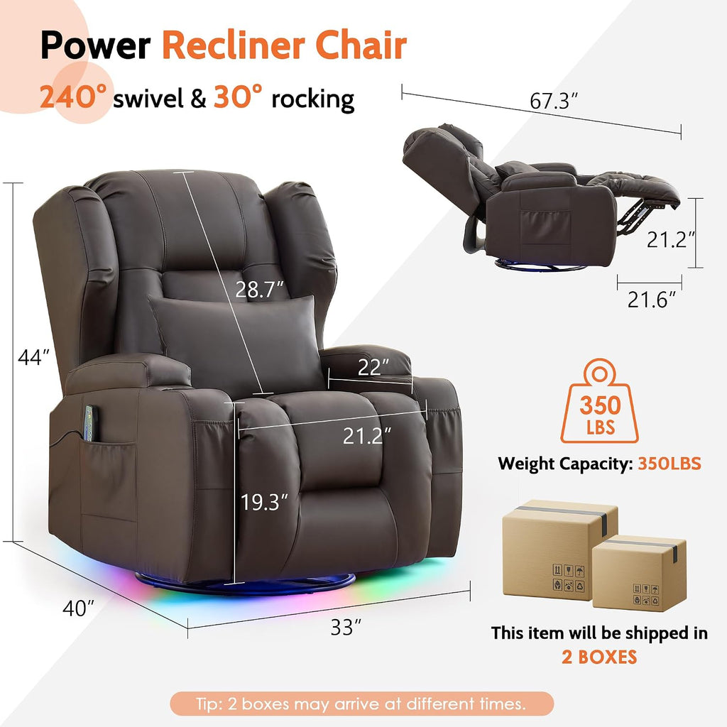 BINGTOO Dual Motor Power Swivel Rocker Recliner Chair with Massage & Heat, Electric Wall Hugger Glider Chair for Adults, Nursery with LED Lights, USB-C Ports & Cup Holders, Faux Leather Brown, 1 Chair