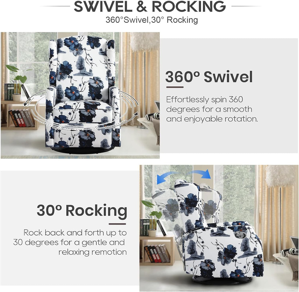 Floral Accent Swivel Rocker Recliner, Wingback Recliner Chair with Padded Seat, High Back Upholstered Armchair for Living Room, Bedroom, Home Ofiice, Blue Ink Floral (Blue Ink Swivel)