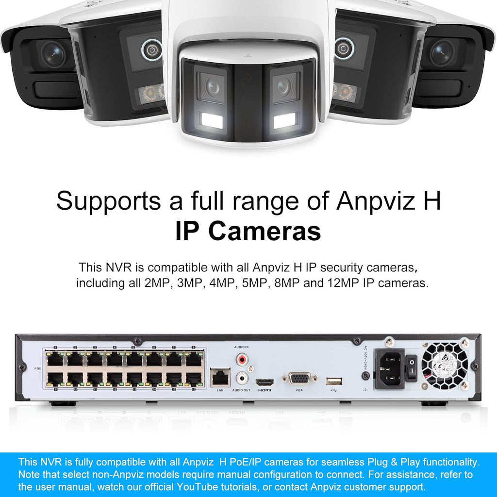Anpviz AI 12MP 16CH POE NVR (12MP/8MP/6MP/5MP/4MP) Smart AI POE Network Video Recorder - Supports up to 16 x 12MP POE Cameras, 16-Channel Power Over Ethernet (Not Included HDD) NVR7616Q2-16P(H Series)