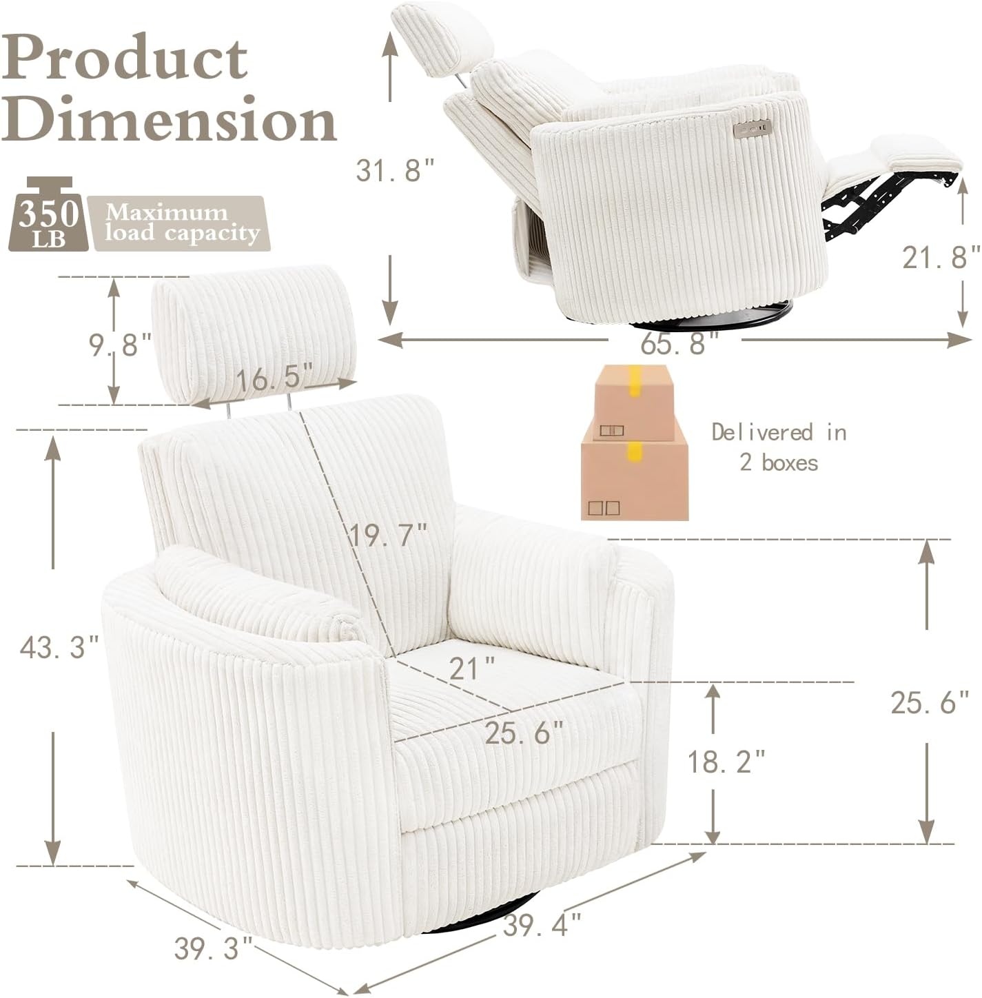 Zenosyne Power Swivel Recliner Rocking Chair Nursery Glider Rocker with Headrest, USB and Type-c Port, Corduroy Electric Reclining Sofa Chair Arm Chair for Living Room (White-2)