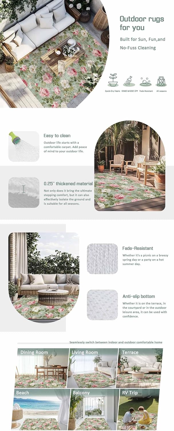 White Pink Flower Outdoor Rug for Patio/Deck/Porch, Non-Slip Large Area Rug 5 x 8 Ft, Shabby Chic Spring Vintage Leaf Green Indoor Outdoor Rugs Washable Area Rugs, Reversible Camping Rug Carpet Runner
