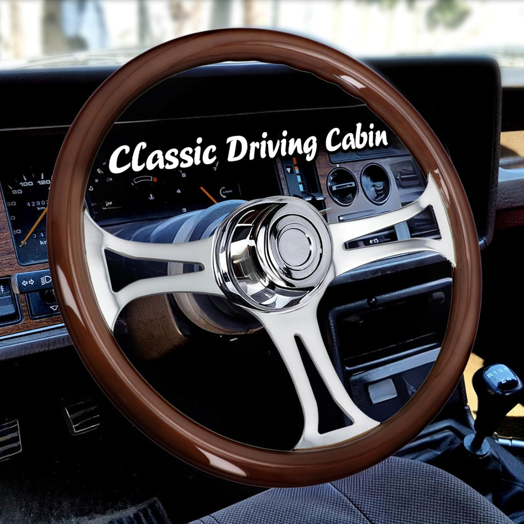 Sorghum 18' Solid Wood Steering Wheel - 3 Spokes Aluminum Chrome Classic Steering Wheel with Horn Button for Semi-Trailers Trucks Compatible with Mack Kenworth Peterbilt Volvo Freightliner