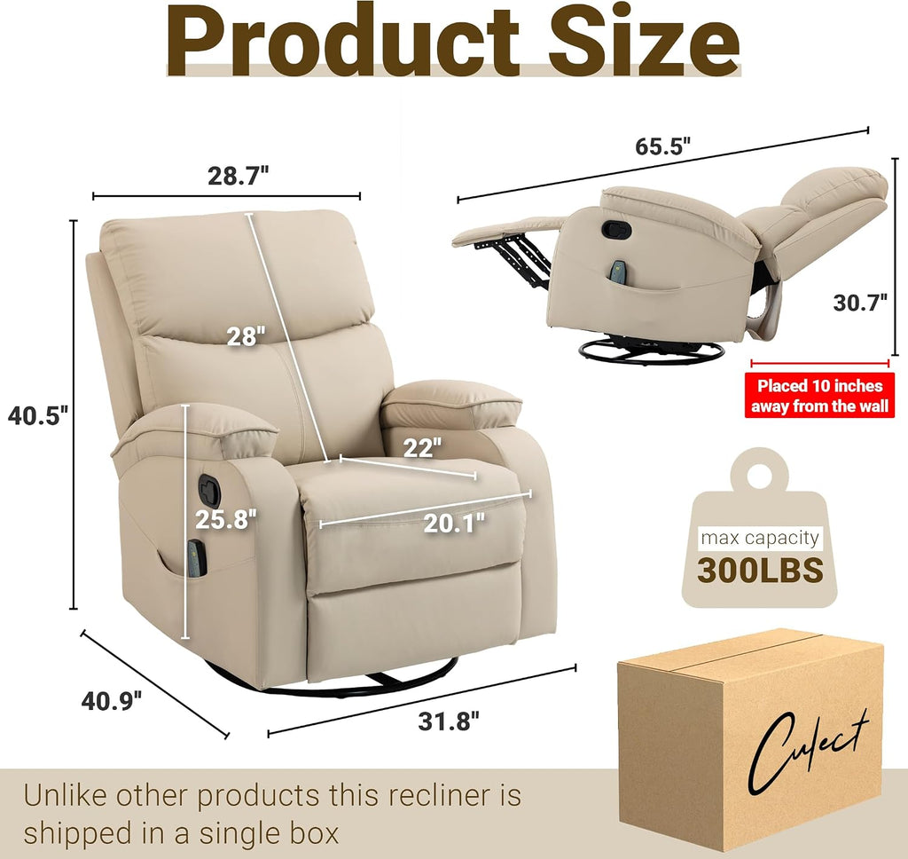 360° Swivel Rocking Recliner Chair, Massage Lazy Boy Recliner, Small Spaces Recliner for Living Room, Bedroom and Nursery, Beige Leather