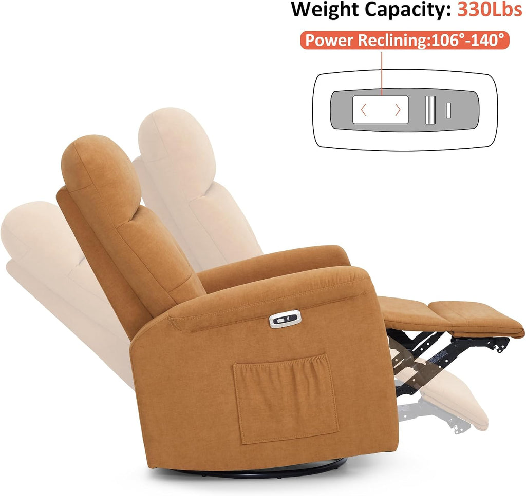MCombo Power Swivel Glider Recliner Chair, Electric Rocker Recliner Chairs with USB Charging Ports for Living Room and Nursery, Fabric 7763 (Orange)