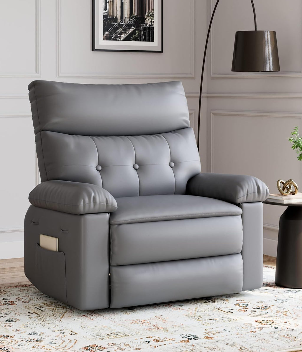 Oversized Recliner Chair with Heating & Massage, XL Faux Leather Nursery Rocking Chairs for Adults with Cup Holder and Side Pockets, Swivel Chair for Living Room, Bedroom Grey