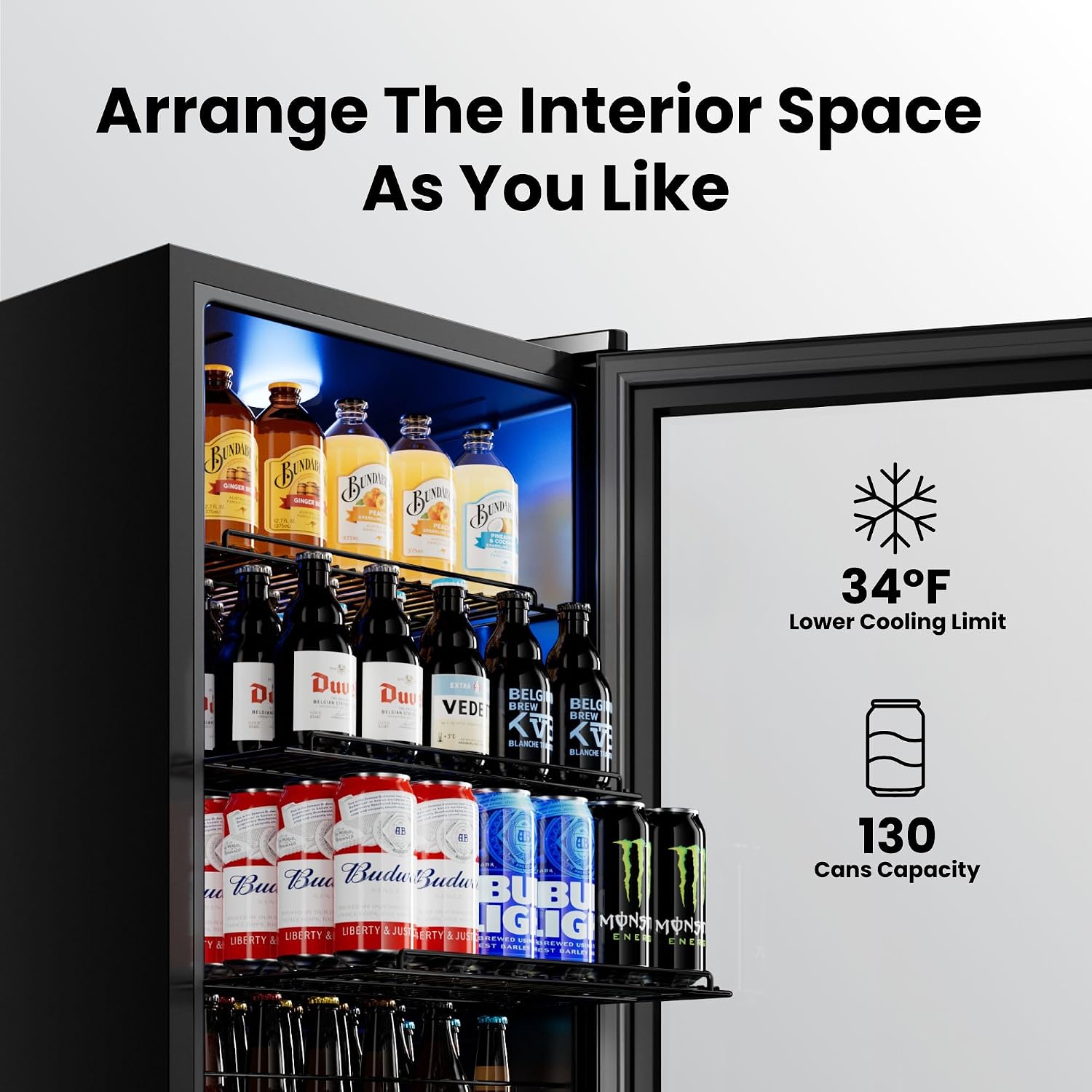 Yeego Beverage Refrigerator, 130-Can Mini Fridge with Glass Door, Adjustable Shelves & Digital Temperature Control for Soda, Beer, and Wine – Suitable for Home or Office Use