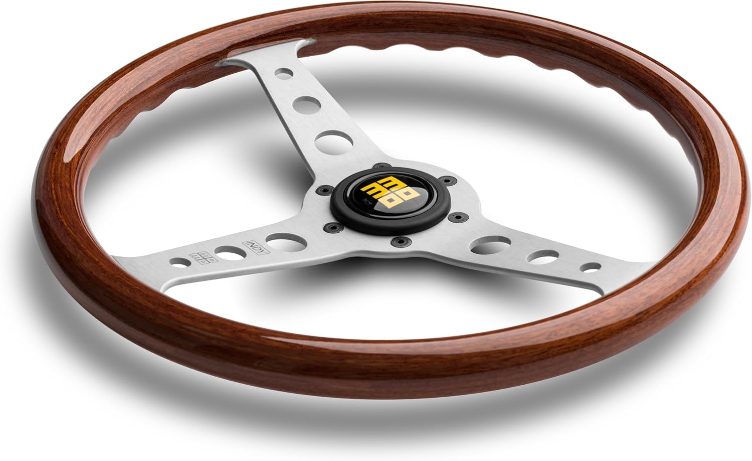 MOMO Motorsport Indy Heritage Steering Wheel Mahogany Wood Grip, Brushed Aluminum Spoke, 350mm
