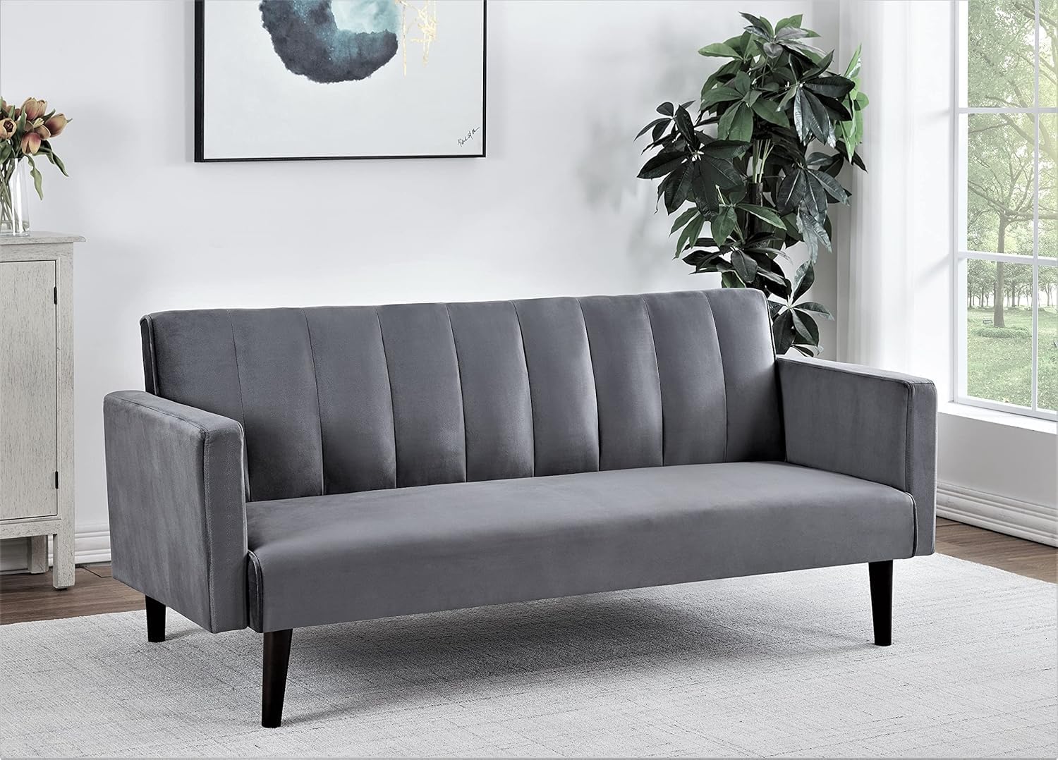 Container Furniture Direct 72' Velvet Convertible Futon Sofa Bed - Full Out Twin Sleeper Couch w/Channel Stitch, Wood Frame & High-Density Foam - Space-Saving for Apartments/Dorms, Grey
