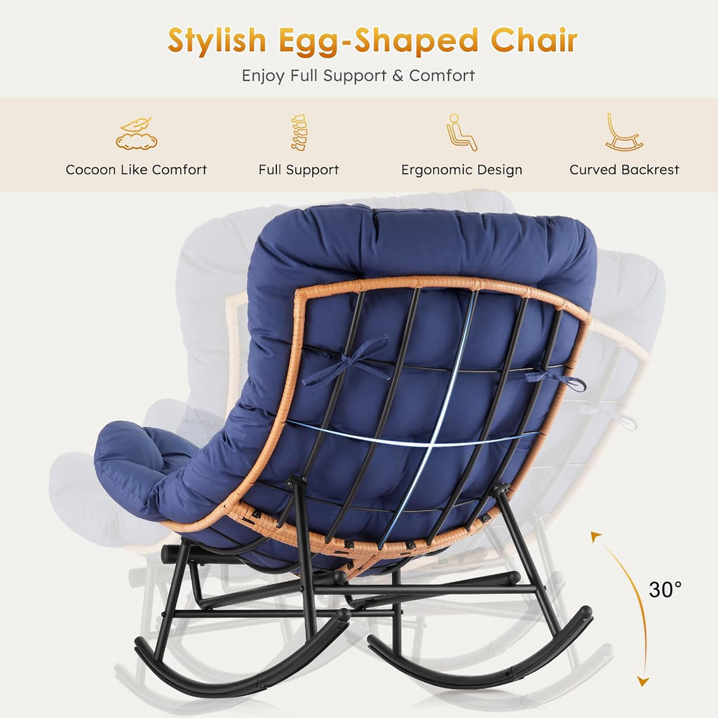 IDEALHOSUE Papasan Rocking Chair with Foot Rest, Ergonomic Papasan Chair with Thick Waterproof Cushion, Metal Frame & PE Rattan Lounge Chairs for Living Room Bedroom Relaxation Space
