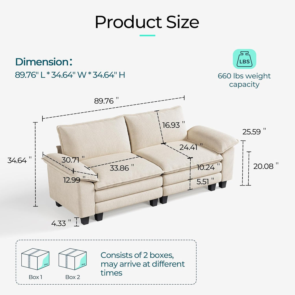 LINSY HOME 90' Modular Cloud Love Seat Sofa, Corduroy Soft Sectional Couch, Modern Comfy Love Seat, Perfect for Living Room, Apartment, Office, Beige