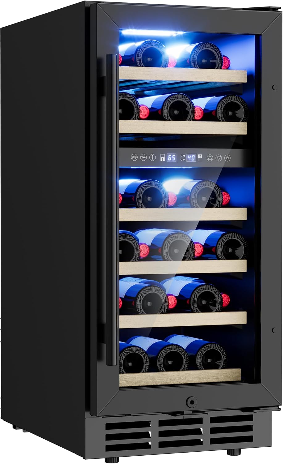 15 Inch Under Counter Refrigerator, 29 Bottle Dual Zone Wine Fridge for Built-In or Freestanding Use, Features Removable Shelves and Glass Door, Small Refrigerator for Home or Office (Black)