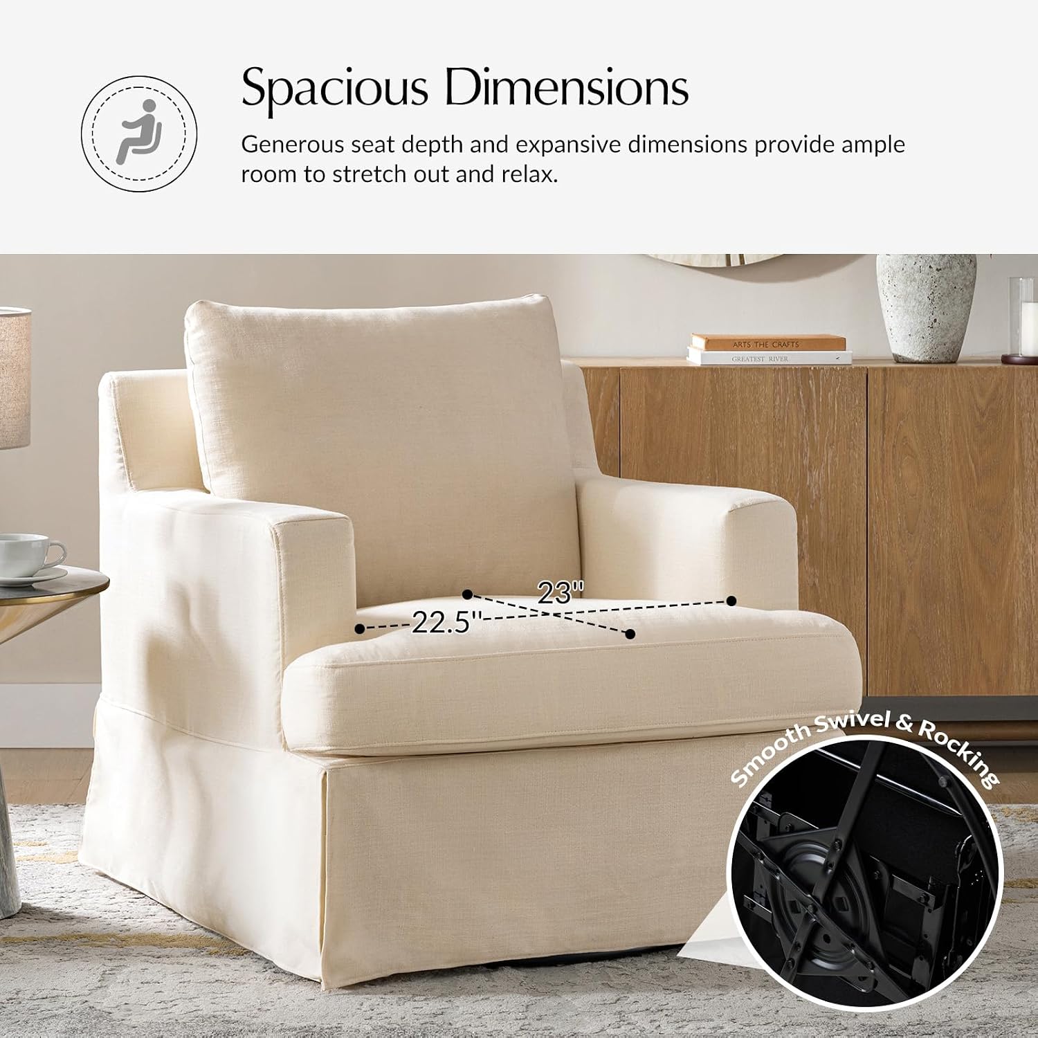 HULALA HOME Swivel Rocker Chair with Solid Wood Frame, Farmhouse Swivel Rocking Accent Chair with Washable Slipcover, Upholstered Barrel Armchair Down Blend Back and Seat Cushions, Linen