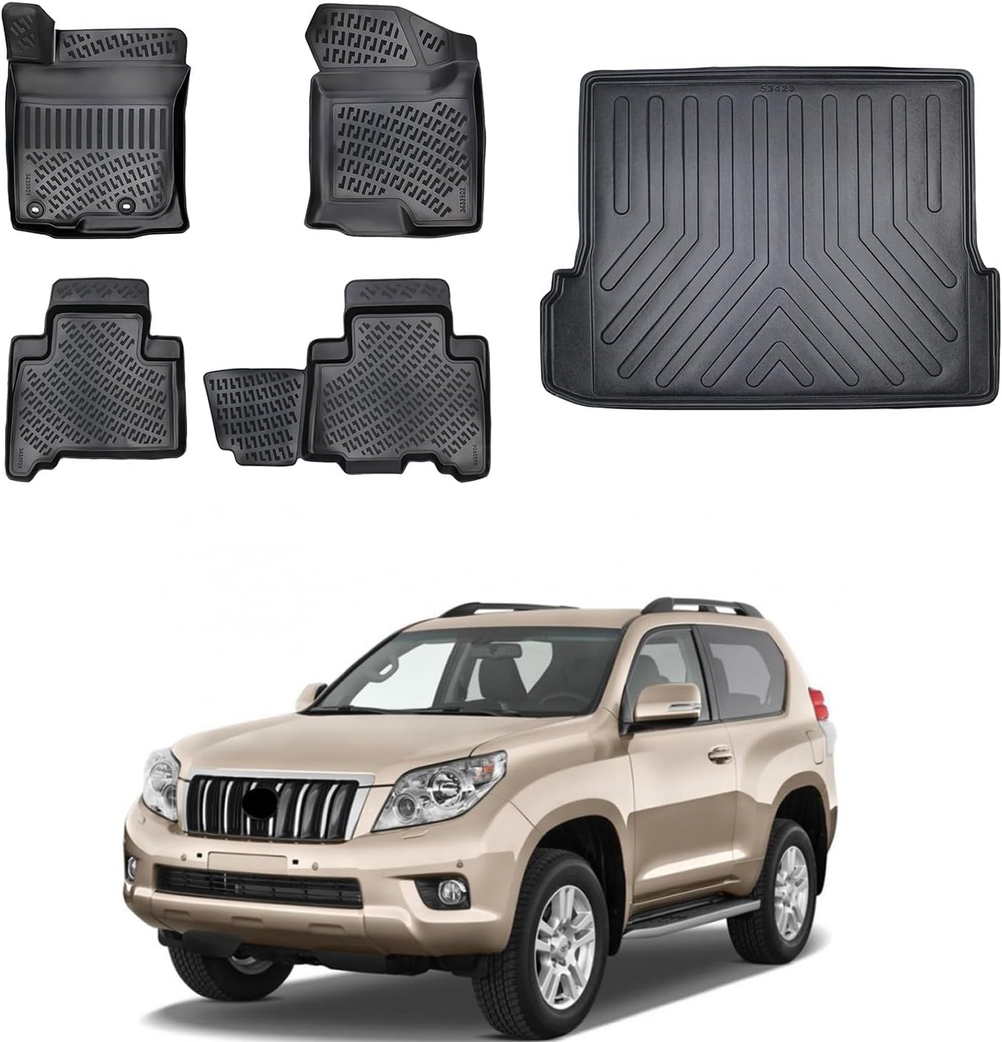 Floor Mats & Cargo Liner Set for Toyota Land Cruiser Prado 2009-2023 | Black TPE All Weather Custom Fit Floor Liner for 1st 2nd Rows and Trunk Car Mats