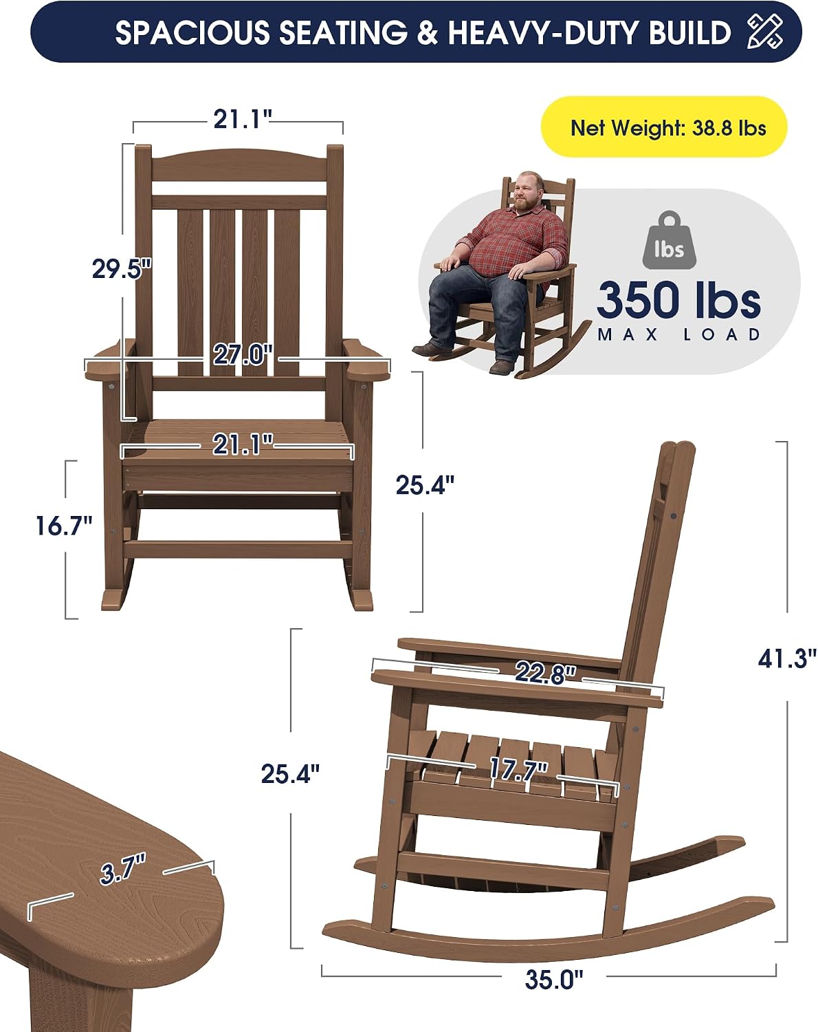 KINGYES Oversized Outdoor Rocking Chair Set of 2, High Density Polyethylene Patio Rocking Chairs with 350lbs Support for Adults, Porch Recliner Rocker, Brown