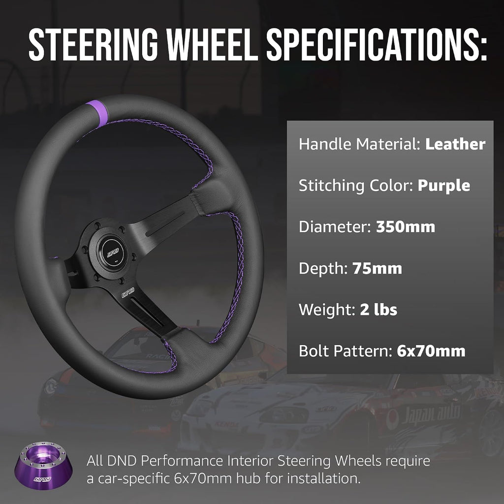 DND Performance Interior's Leather Race Steering Wheel / 350mm Diameter and 75mm Depth / 6x70mm Bolt Pattern/DND Leather Steering Wheel with Horn Button Included (Colored Stitching) (Purple)