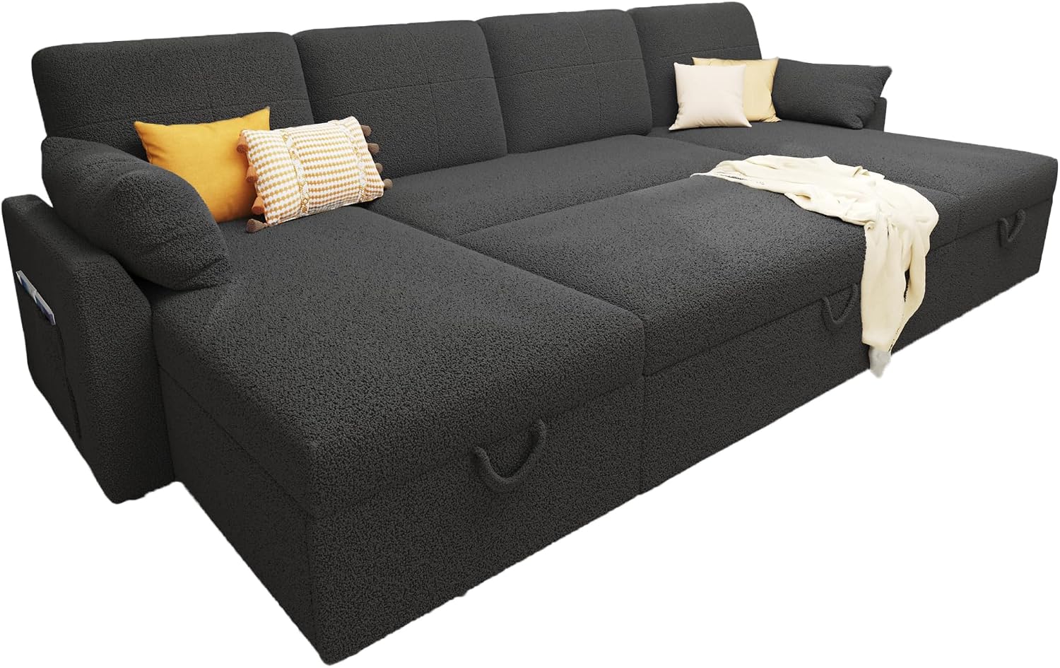 AMERLIFE 110 inch Sleeper Sofa, 2-in-1 Oversized Sofa Bed with Dual Storage Chaise, Pull Out Sofa Couch for Living Room, Guest Room, Boucle Dark Grey