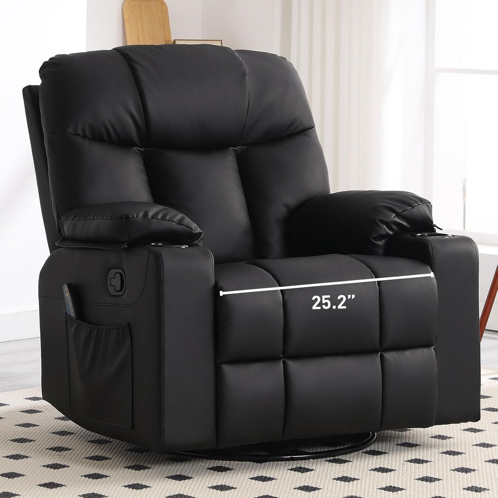 Bonzy Home Oversized Swivel Rocker Recliner, 40' Rocking Recliner Chair with Heated and Massage, PU Leather Single Sofa with Swivel Function, 2 Cup Holders for Living Room Bedroom, Black