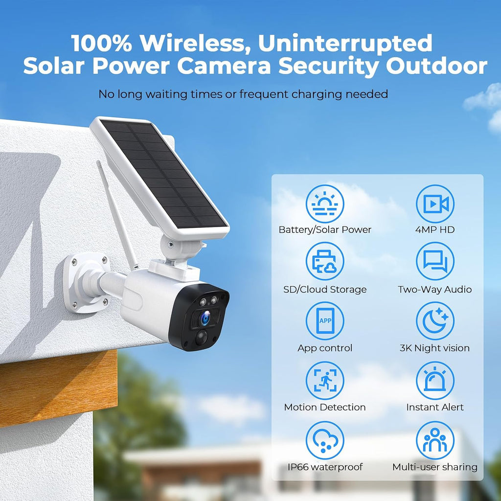 4MP Security Cameras Wireless Outdoor, Powered Solar Camera Outdoor Wireless, 10x Zoom, 120° View, Two-way audio, PIR Motion Detection, 64GB Local Storage, CAMCAMP 4-Cam Kit for Home CCTV Surveillance